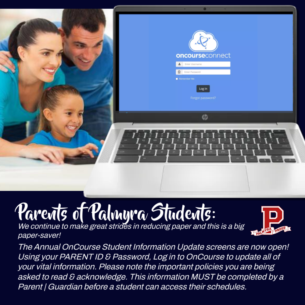 Parent Portal family photo with laptop screen showing onCourse