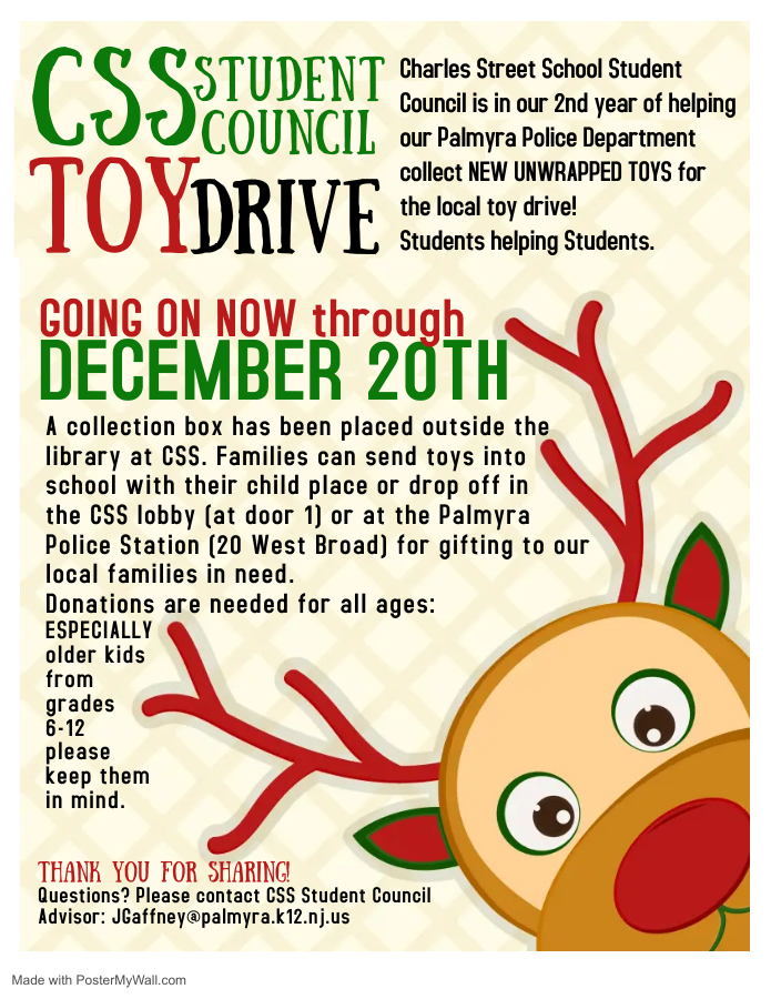 CSS Student Council Toy Drive poster with reindeer