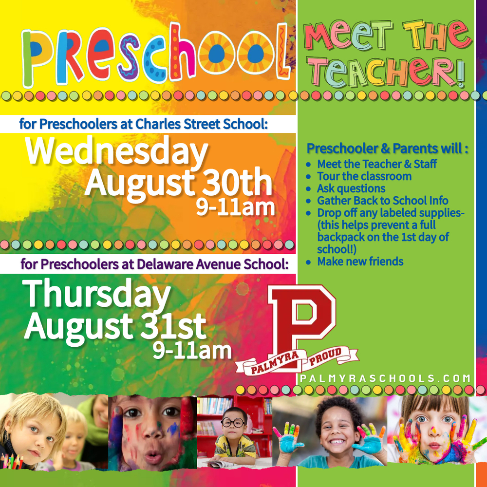 Preschool Meet the Teacher with Palmyra Preschool logo graphics smiling faces