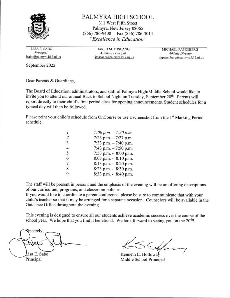 2022 Back To School Night Agenda PHS/ms