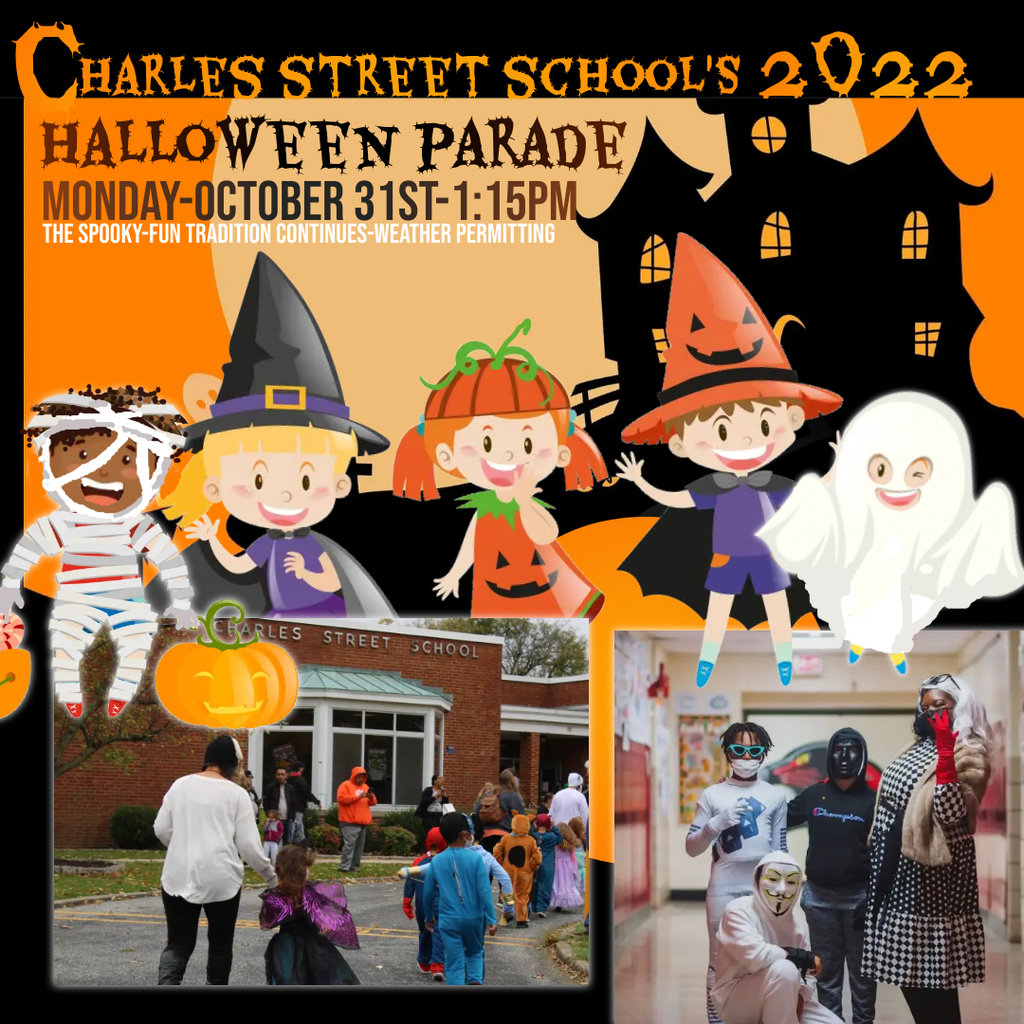 Charles Street School Parade flyer with cartoon students & photos of students