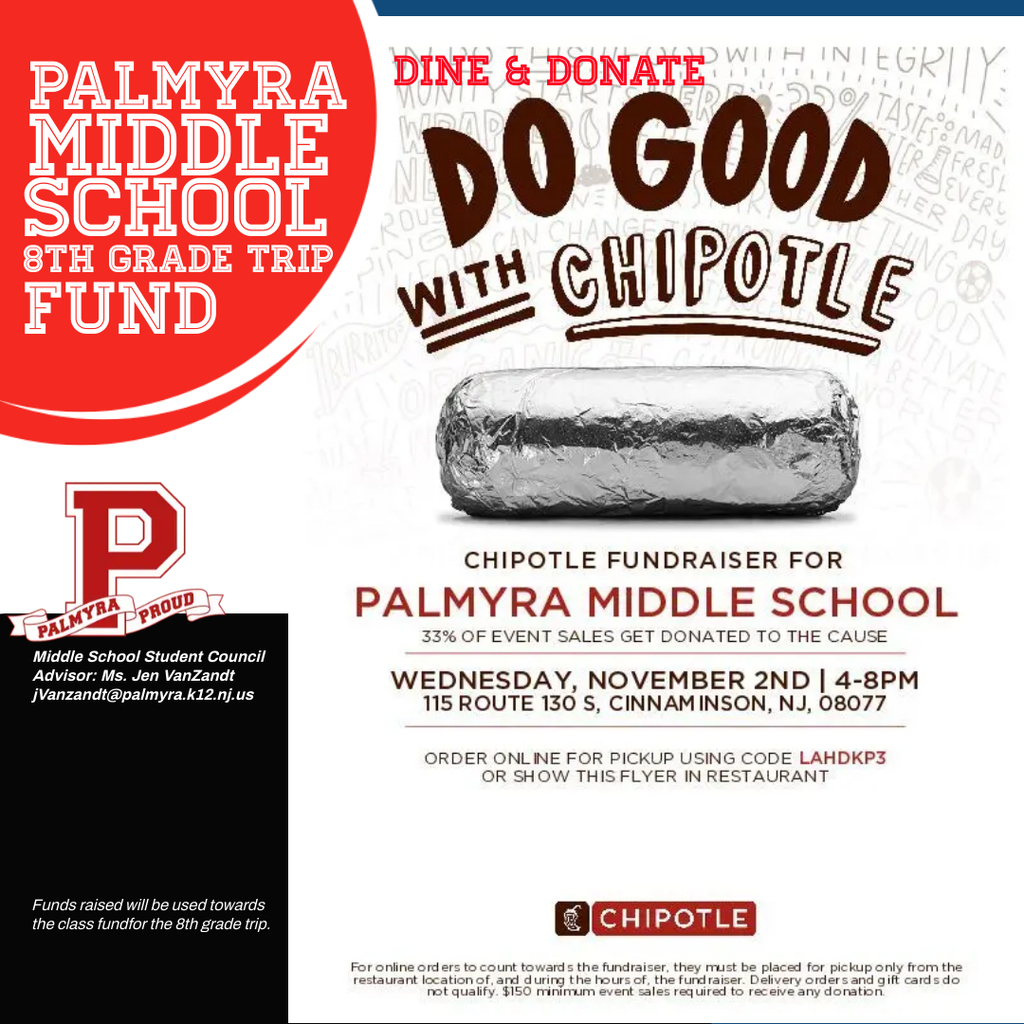 Middle School Dine & Donate flyer for 11/2 chipotle