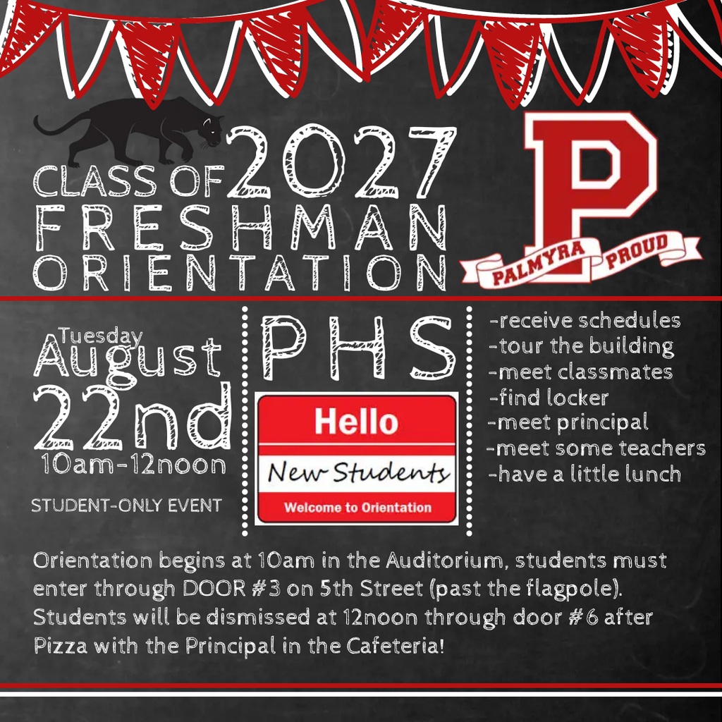 Freshman orientation flyer on blackboard with pennants- event 8/22 from 10-12