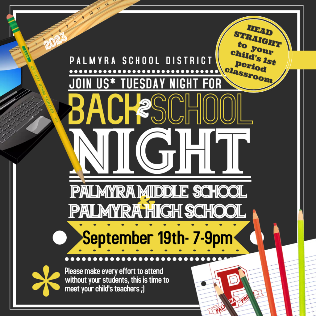 phs ms back to school nite with black & yellow graphics and pics of school supplies